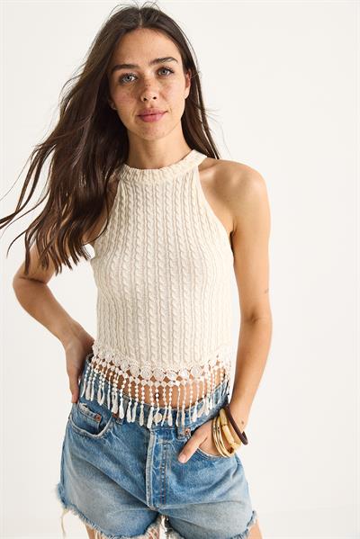 Kadın Örgülü Püsküllü Triko Bluz 20251021 - Ekru