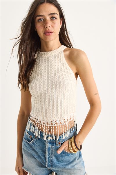 Kadın Örgülü Püsküllü Triko Bluz 20251021 - Ekru