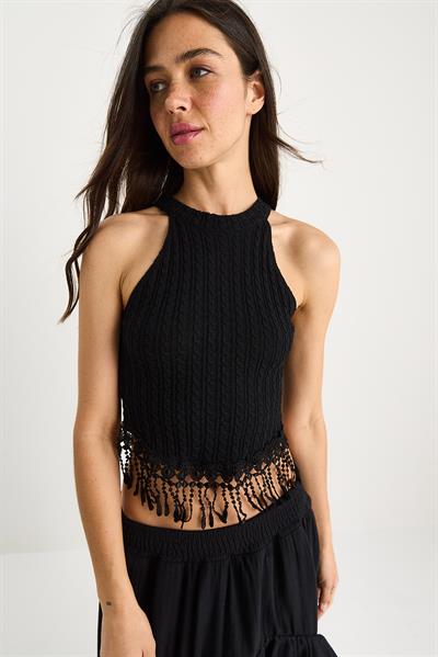 Kadın Örgülü Püsküllü Triko Bluz 20251021 - Siyah