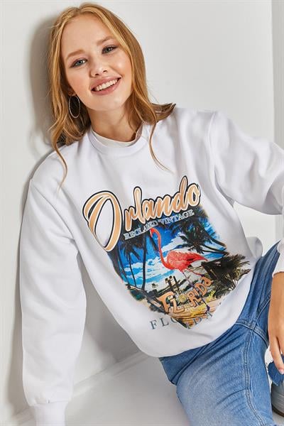 Kadın Orlando Resim Baskılı Üç İplik Şardonlu Sweatshirt 40951024 - Beyaz