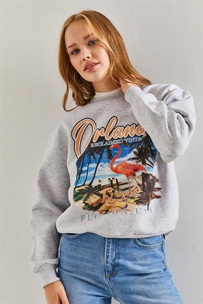 Kadın Orlando Resim Baskılı Üç İplik Şardonlu Sweatshirt 40951024 - Gri