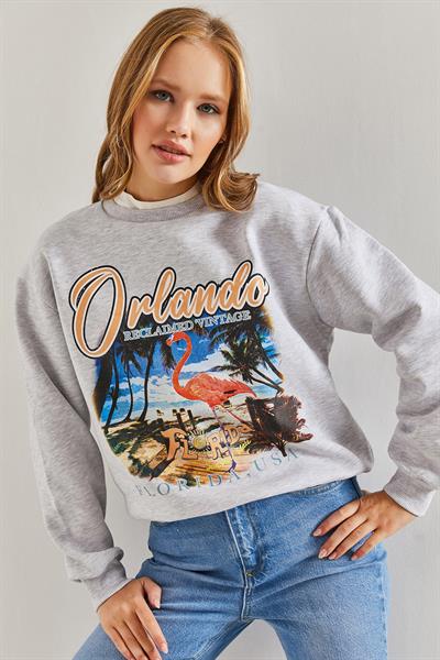 Kadın Orlando Resim Baskılı Üç İplik Şardonlu Sweatshirt 40951024 - Gri