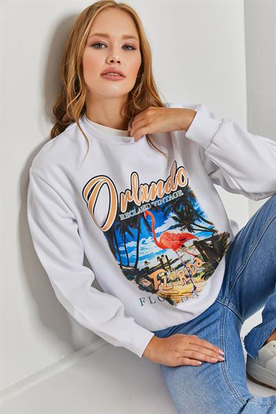 Kadın Orlando Resim Baskılı Üç İplik Şardonlu Sweatshirt 40951024 - Beyaz