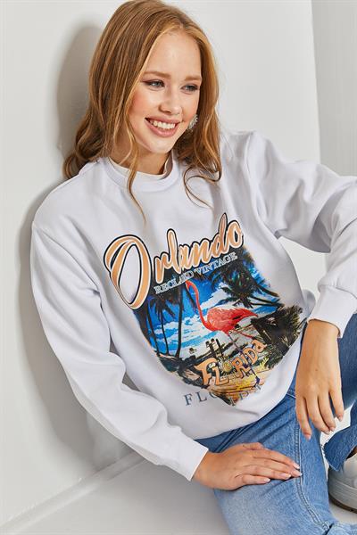 Kadın Orlando Resim Baskılı Üç İplik Şardonlu Sweatshirt 40951024 - Beyaz