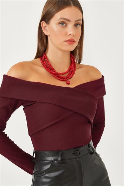 Kadın Ottoman Kumaş Çapraz Yaka Detay Bluz 60251890 - Bordo