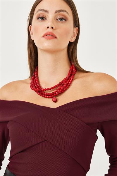 Kadın Ottoman Kumaş Çapraz Yaka Detay Bluz 60251890 - Bordo