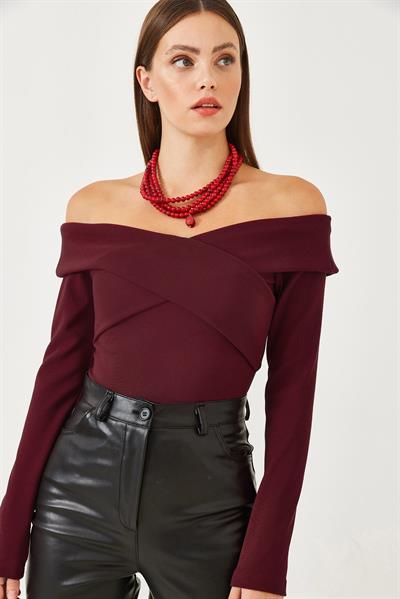 Kadın Ottoman Kumaş Çapraz Yaka Detay Bluz 60251890 - Bordo