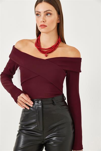Kadın Ottoman Kumaş Çapraz Yaka Detay Bluz 60251890 - Bordo
