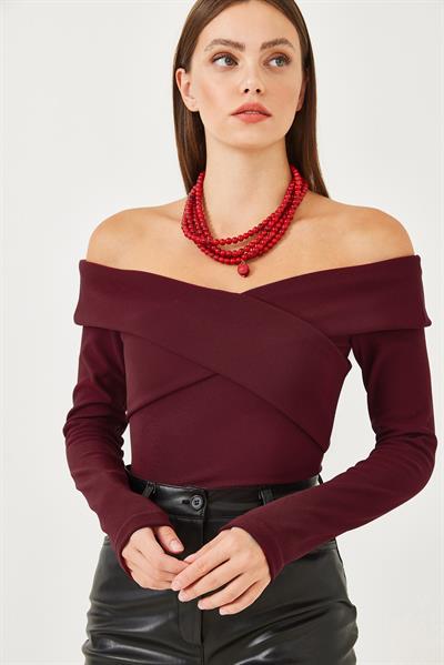 Kadın Ottoman Kumaş Çapraz Yaka Detay Bluz 60251890 - Bordo