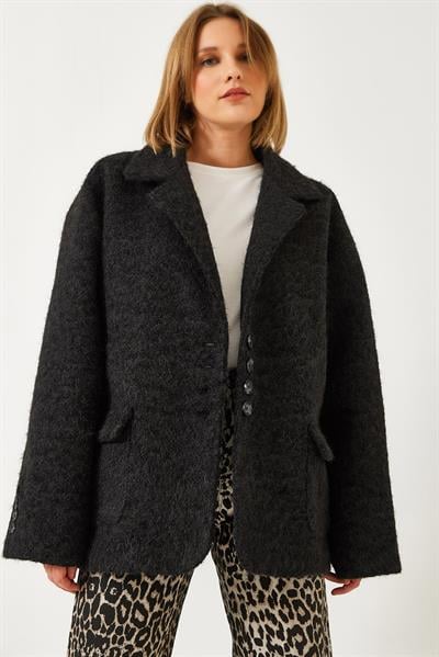 Kadın Oversize Astarlı Kaşe Blazer Ceket 60261242 - Siyah