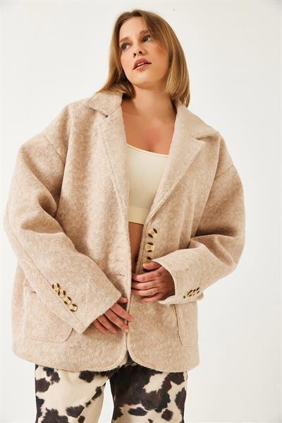 Oversize Astarlı Kaşe Blazer Ceket 60261242 - Bej