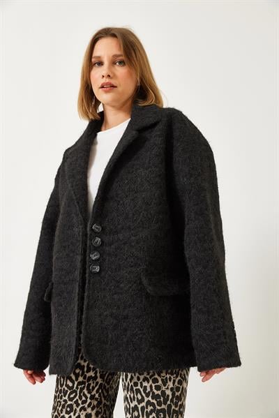 Kadın Oversize Astarlı Kaşe Blazer Ceket 60261242 - Siyah