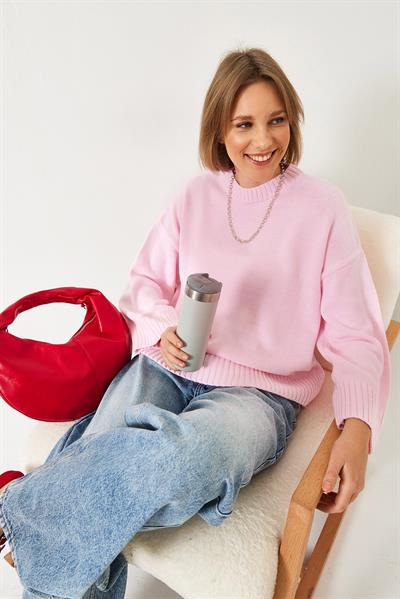 Kadın Oversize Basic Triko Kazak 20247601 - Pembe