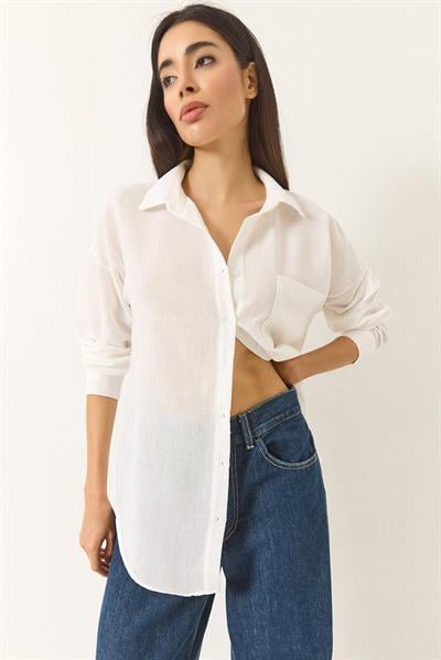 Kadın Oversize Tek Cep Detaylı Keten Gömlek 20153 60283238 - Beyaz
