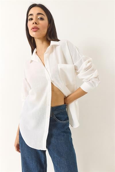 Kadın Oversize Tek Cep Detaylı Keten Gömlek 20153 60283238 - Beyaz