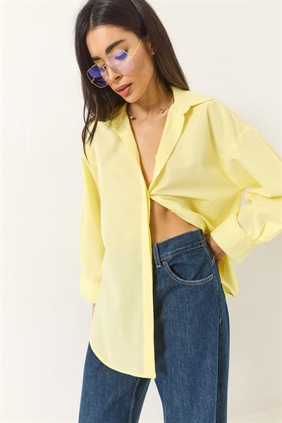 Kadın Oversize Terikoton Poplin Gömlek 34225 60284043 - Limon Sarısı
