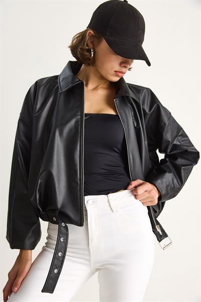 Oversize Tokalı Deri Ceket 3137 60284058 - Siyah