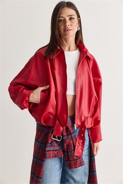 Oversize Tokalı Deri Ceket 3137 60284058 - Kırmızı