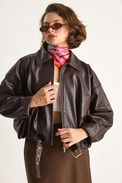 Oversize Tokalı Deri Ceket 3137 60284058 - Kahve