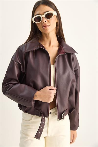Oversize Tokalı Deri Ceket 3137 60284058 - Bordo