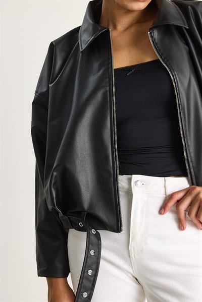 Oversize Tokalı Deri Ceket 3137 60284058 - Siyah