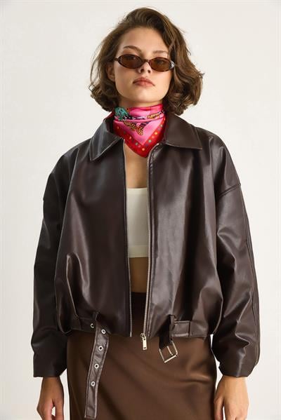 Oversize Tokalı Deri Ceket 3137 60284058 - Kahve