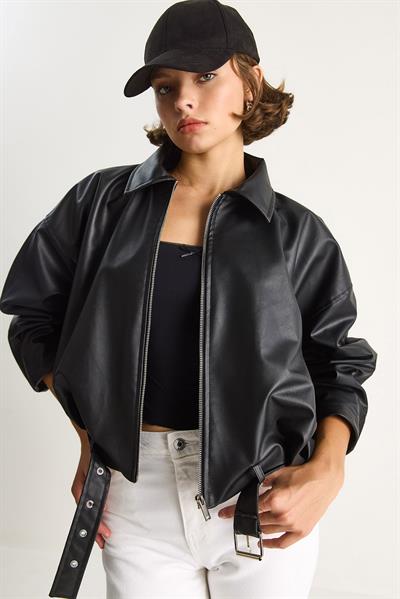 Oversize Tokalı Deri Ceket 3137 60284058 - Siyah