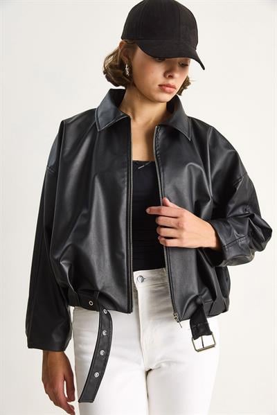 Oversize Tokalı Deri Ceket 3137 60284058 - Siyah