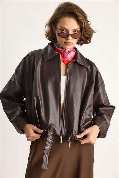 Oversize Tokalı Deri Ceket 3137 60284058 - Kahve