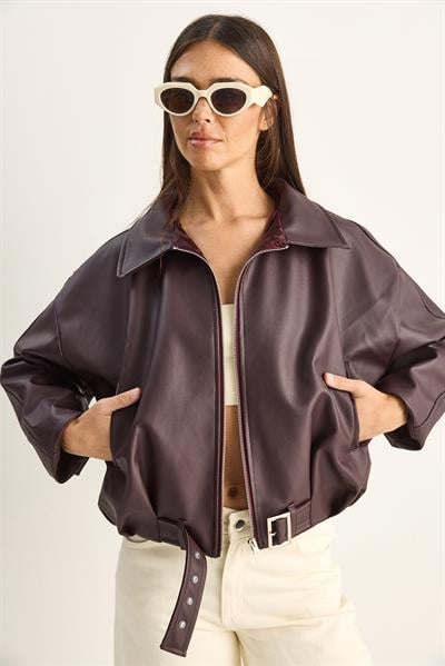 Oversize Tokalı Deri Ceket 3137 60284058 - Bordo