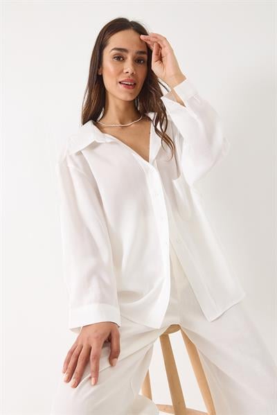 Kadın Oversize V Yaka Modal Gömlek 60388 60271075 - Beyaz