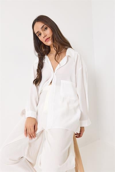 Kadın Oversize V Yaka Modal Gömlek 60388 60271075 - Beyaz