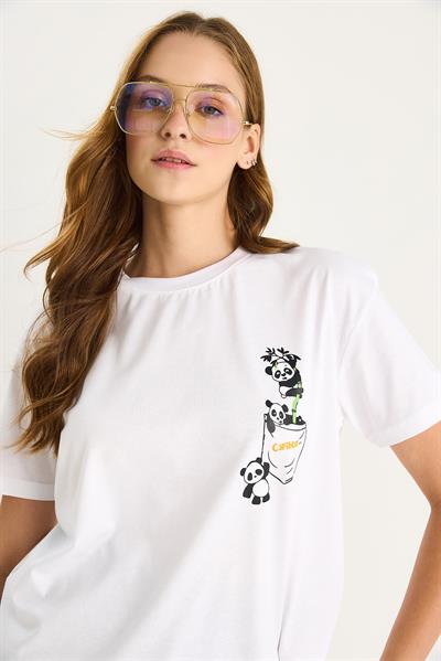 Kadın Panda Baskılı Kısa Kollu Bisiklet Yaka Basic T-Shirt 60602037 - Beyaz