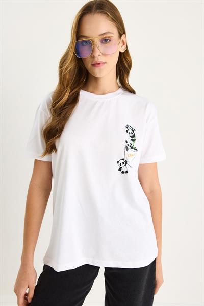 Kadın Panda Baskılı Kısa Kollu Bisiklet Yaka Basic T-Shirt 60602037 - Beyaz