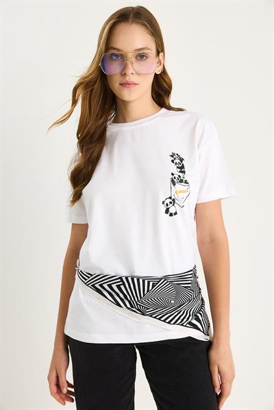 Kadın Panda Baskılı Kısa Kollu Bisiklet Yaka Basic T-Shirt 60602037 - Beyaz