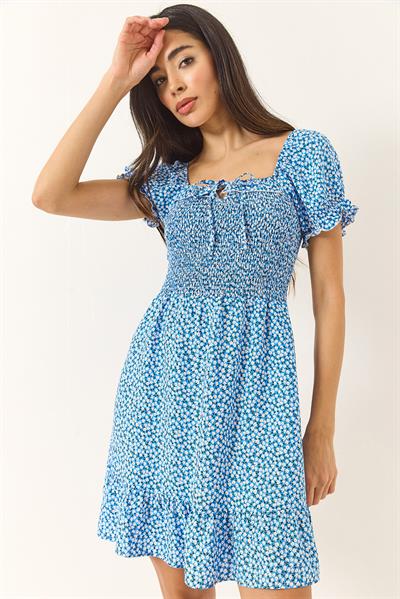 Kadın Papatya Desenli Karpuz Kollu Giperli Mini Viskon Elbise 60283226 - Mavi