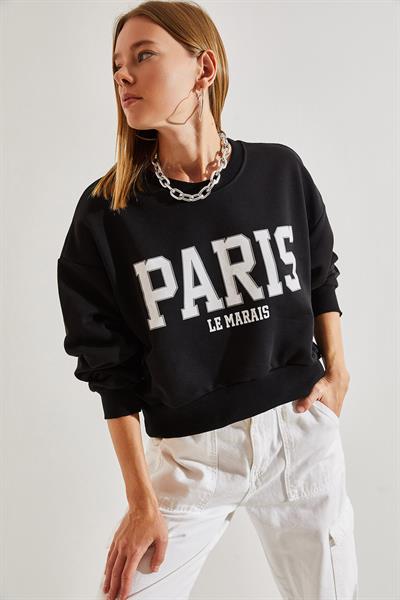Kadın Paris Baskılı Üç İplik Şardonlu Sweatshirt 40981007 - Siyah