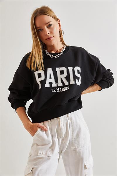Kadın Paris Baskılı Üç İplik Şardonlu Sweatshirt 40981007 - Siyah
