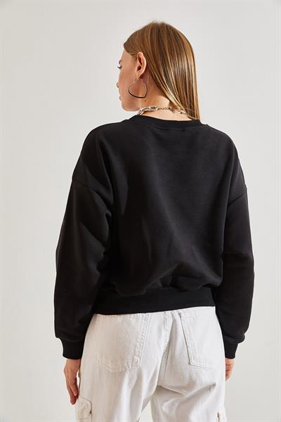 Kadın Paris Baskılı Üç İplik Şardonlu Sweatshirt 40981007 - Siyah