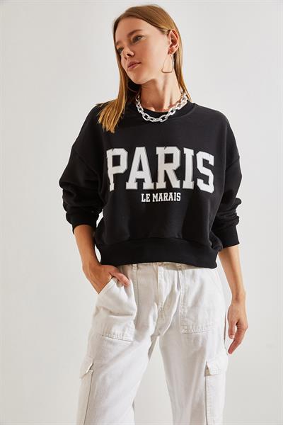 Kadın Paris Baskılı Üç İplik Şardonlu Sweatshirt 40981007 - Siyah