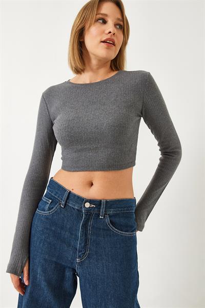 Kadın Parmak Geçirmeli Fitilli Bluz 0167 60261178 - Antrasit