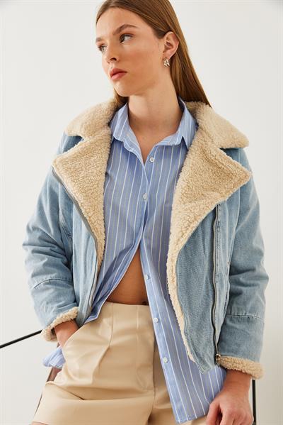 Kadın Peluş Detaylı Denim Mont 2260 60351037 - Mavi