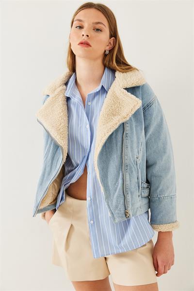 Kadın Peluş Detaylı Denim Mont 2260 60351037 - Mavi