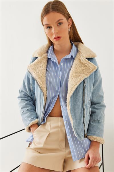 Kadın Peluş Detaylı Denim Mont 2260 60351037 - Mavi