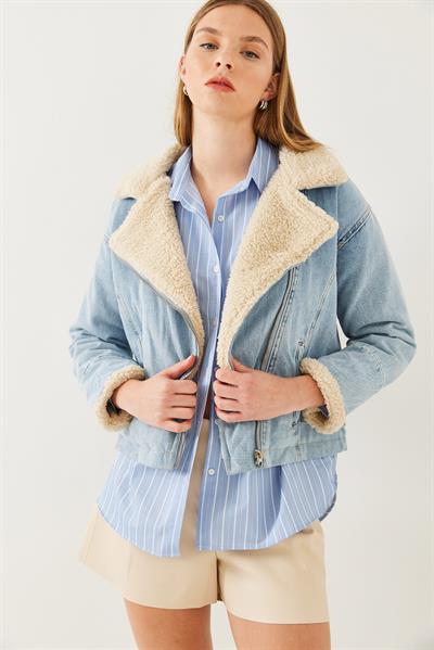 Kadın Peluş Detaylı Denim Mont 2260 60351037 - Mavi