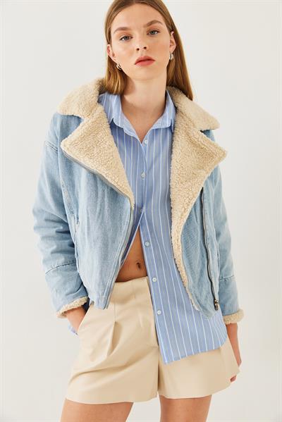 Kadın Peluş Detaylı Denim Mont 2260 60351037 - Mavi