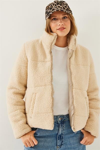 Kadın Peluş Kabartma Teddy Kadın Şişme Mont 60251952 - Bej
