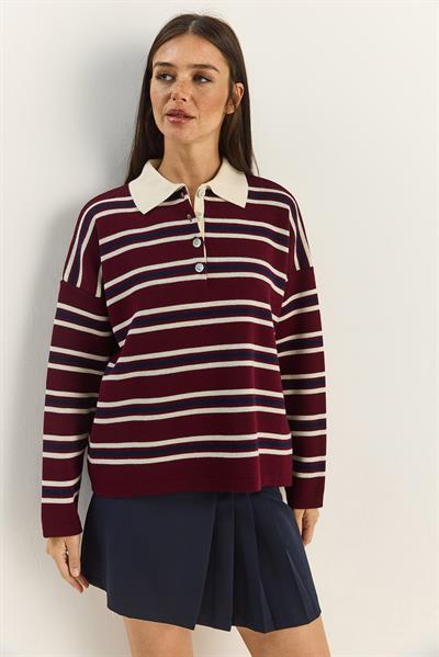 Polo Yaka Çizgili Basic Triko Kazak 20258061 - Bordo