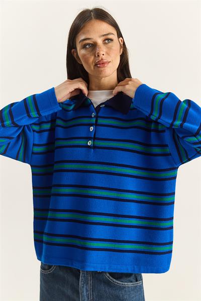 Polo Yaka Çizgili Basic Triko Kazak 20258061 - Saks