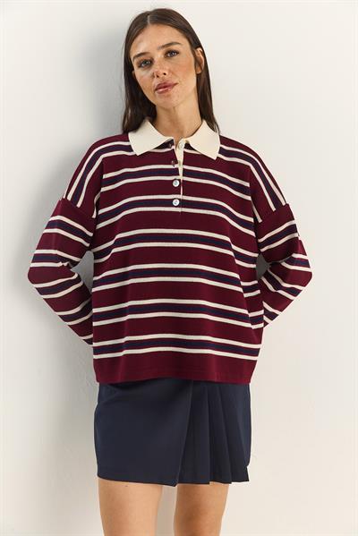 Polo Yaka Çizgili Basic Triko Kazak 20258061 - Bordo